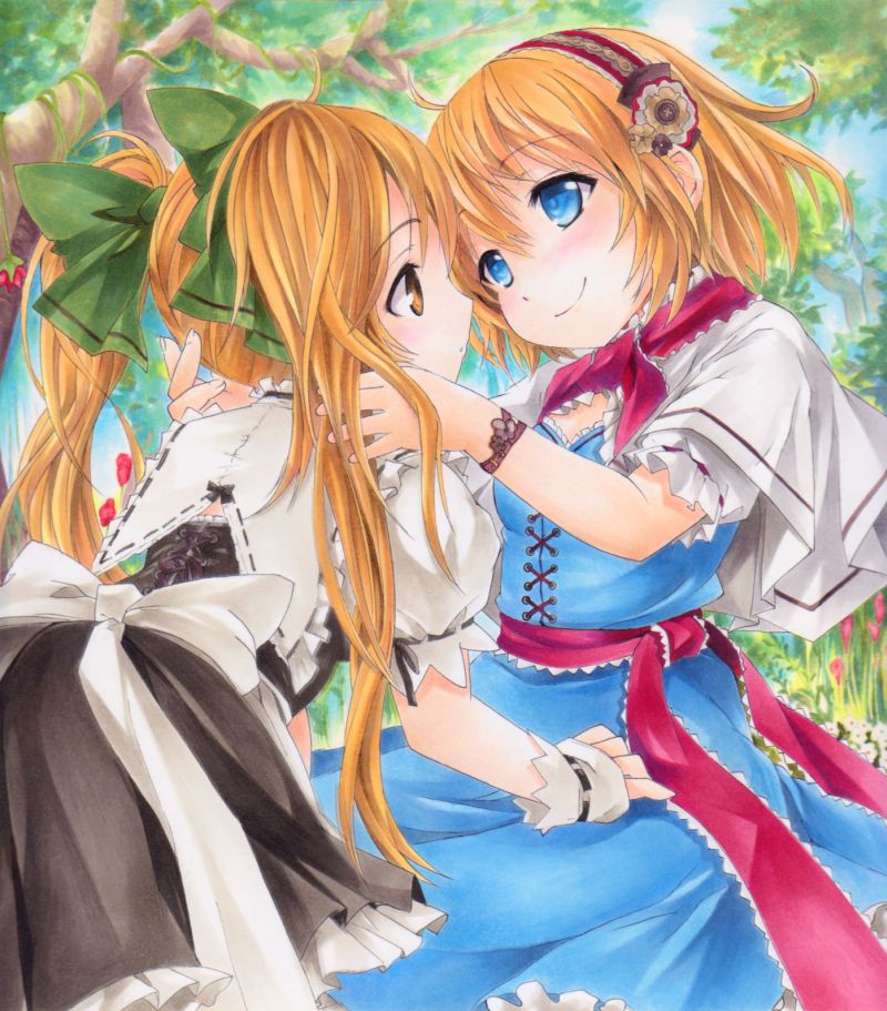 alice_margatroid alternate_hairstyle blonde_hair blue_eyes blush bow capelet dress flower hair_bow hair_flower hair_ornament hairband kirisame_marisa long_hair marker_(medium) multiple_girls no_hat no_headwear pastel_(medium) puffy_sleeves sash shikishi short_hair short_sleeves smile touhou traditional_media tree twintails wrist_cuffs yellow_eyes yukitsuki_kokoro yuri