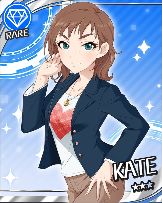 aqua_eyes artist_request blue_background brown_hair brown_pants card_(medium) character_name diamond_(symbol) freckles idolmaster idolmaster_cinderella_girls jewelry kate_(idolmaster) necklace official_art pants short_hair solo sparkle