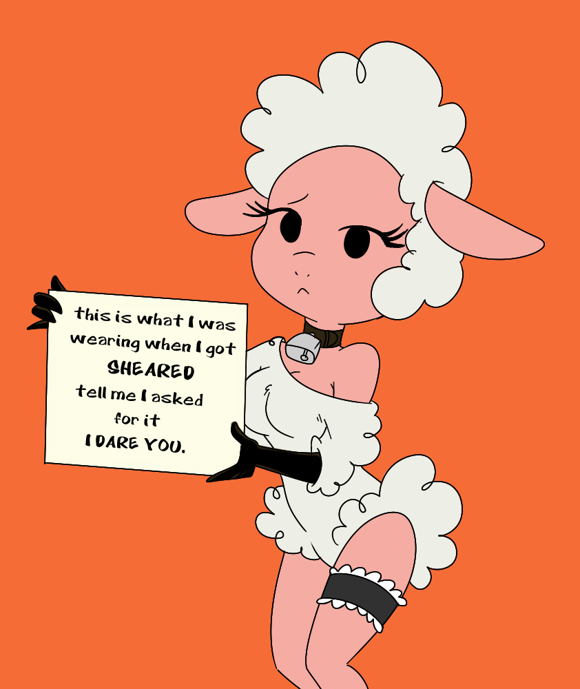 :&lt; bare_shoulders bell bell_collar black_eyes breasts caprine cleavage clothed clothing collar cowbell droopy female frown garter holding holding_sign leggy_lamb looking_at_viewer mammal orange_background parody pink_skin plain_background rape_culture sheep sign solo standing tex_avery text unknown_artist white_body