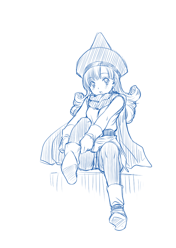 alena_(dq4) cape crotch_seam curly_hair dragon_quest dragon_quest_iv full_body gloves hat long_hair mitarashi_kousei monochrome open_mouth panties panties_under_pantyhose pantyhose putting_on_shoes ringlets sitting skirt solo underwear