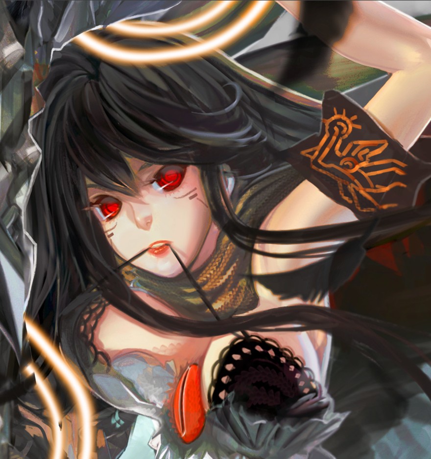 alternate_costume ameru.miro bad_id bad_pixiv_id bare_shoulders black_bra black_hair bra bra_in_mouth breasts lips lipstick long_hair looking_at_viewer makeup medium_breasts mouth_hold red_eyes reiuji_utsuho scarf solo touhou underwear upper_body