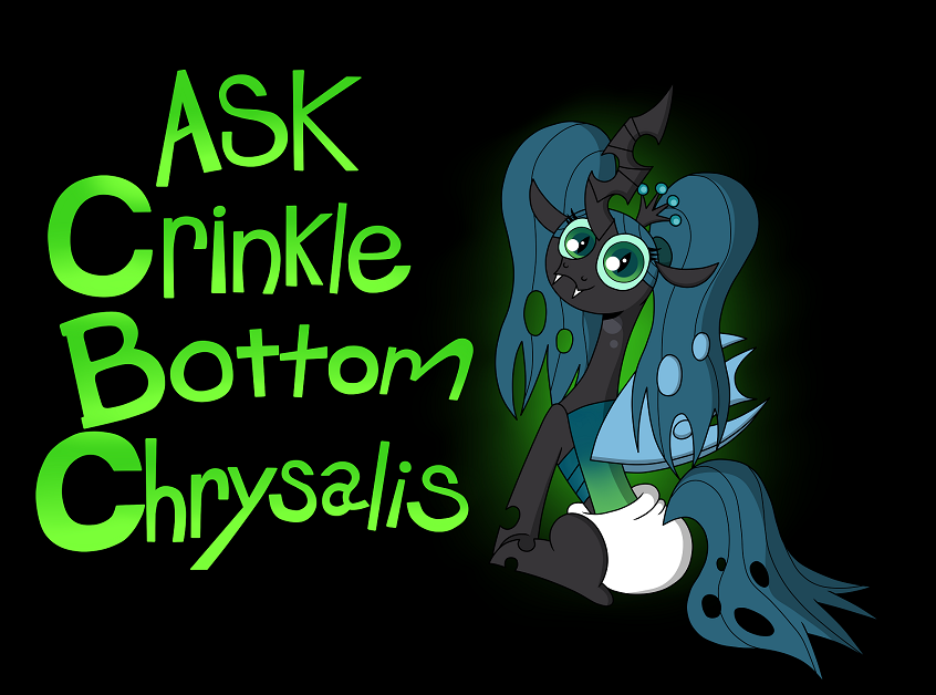 black_background changeling crinklebottomchrysalis diaper english_text female feral friendship_is_magic green_eyes green_hair hair horn looking_back my_little_pony plain_background queen_chrysalis_(mlp) solo text