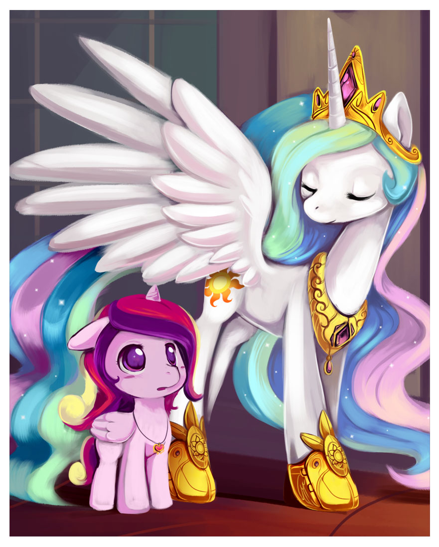 blush border carpet crown cub cutie_mark duo ende equine eyes_closed female feral friendship_is_magic fur gem hair horn horse inside long_hair looking_away mammal multi-colored_hair my_little_pony necklace open_mouth pink_fur pony princess princess_cadance_(mlp) princess_celestia_(mlp) purple_eyes royalty shoes smile white_fur window wing_boner winged_unicorn wings young