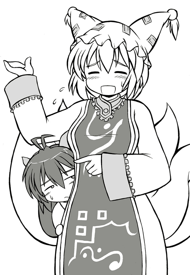 ahoge blush closed_eyes commentary flying_sweatdrops fox_tail gomamiso_(gomamiso_sp) miwajou monochrome multiple_girls multiple_tails open_mouth original peeking_out pointing short_hair simple_background smile tabard tail touhou white_background yakumo_ran