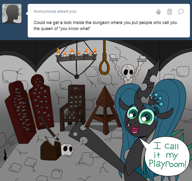 axe bone changeling crinklebottomchrysalis dialog dungeon english_text female feral friendship_is_magic green_eyes green_hair hair horn my_little_pony open_mouth queen_chrysalis_(mlp) rope skeleton skull solo spikes text tumblr weapon
