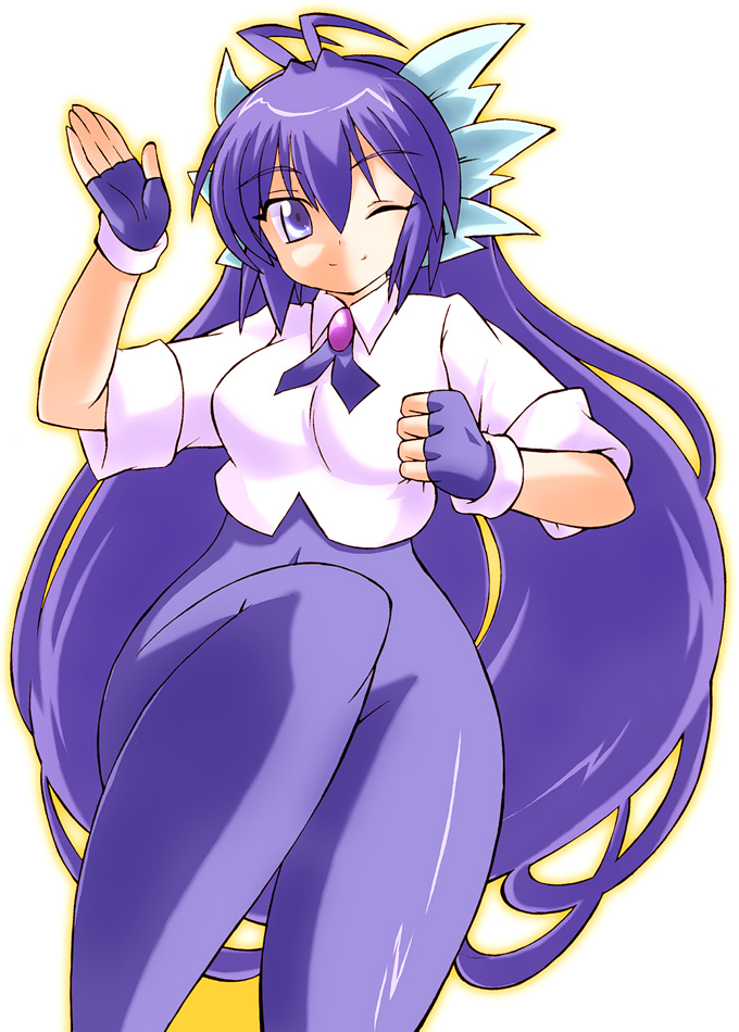 fingerless_gloves gloves gomamiso_(gomamiso_sp) looking_at_viewer miwajou one_eye_closed original purple_eyes purple_hair simple_background sleeves_rolled_up smile solo white_background
