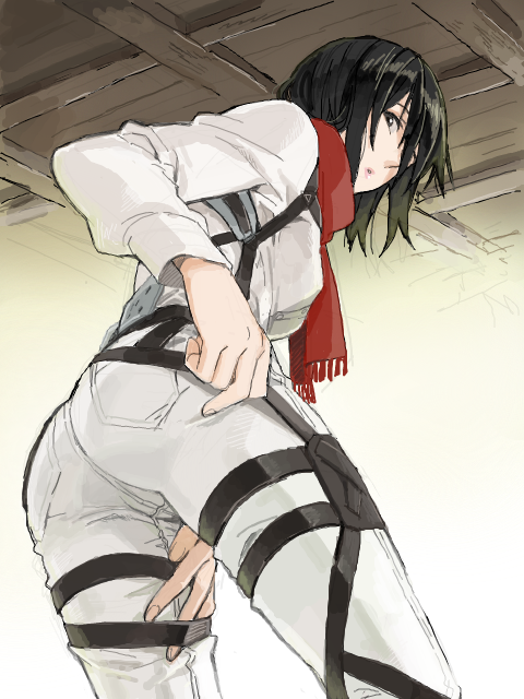 black_eyes black_hair indesign mikasa_ackerman scarf shingeki_no_kyojin short_hair solo thigh_strap three-dimensional_maneuver_gear