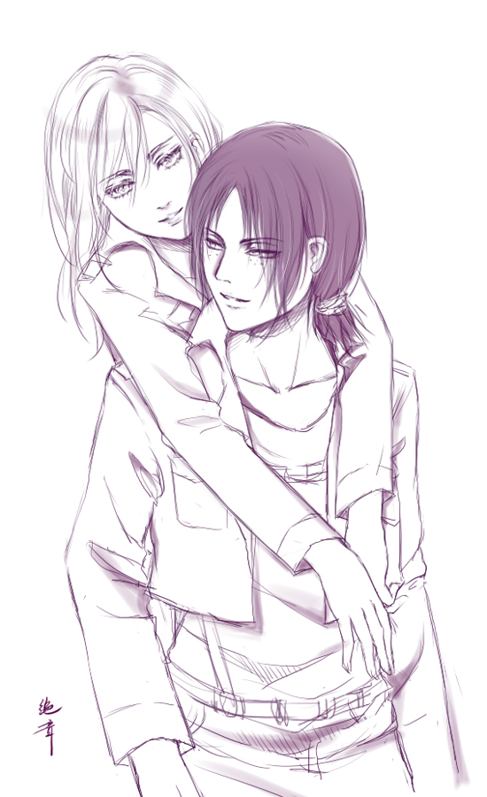 christa_renz freckles hug hug_from_behind looking_back monochrome multiple_girls shingeki_no_kyojin short_hair ymir_(shingeki_no_kyojin) yoruyuki_umioto