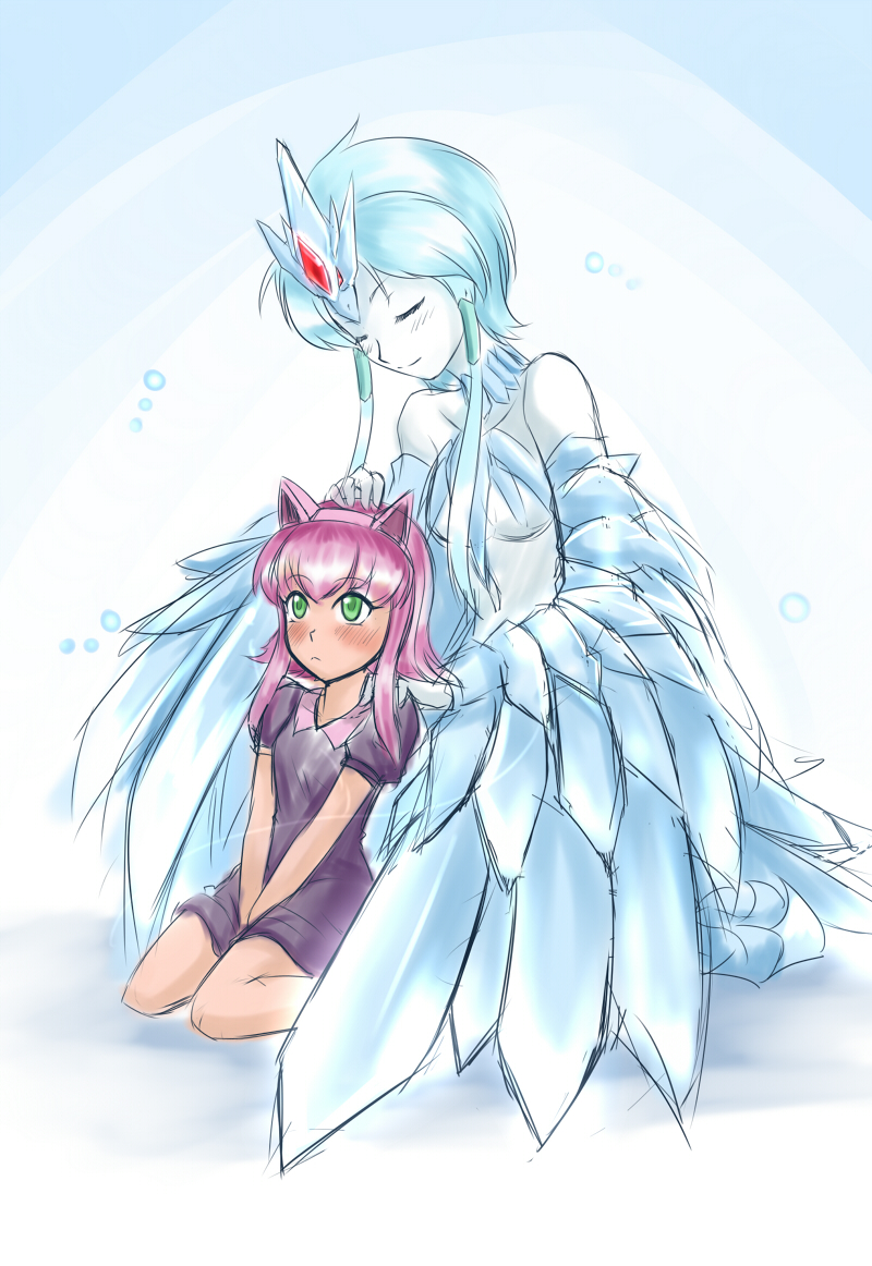 animal_ears anivia annie_hastur blue_hair cat_ears dress feathered_wings feathers green_eyes harpy league_of_legends monster_girl multiple_girls nam_(valckiry) personification pink_hair short_hair short_hair_with_long_locks wings