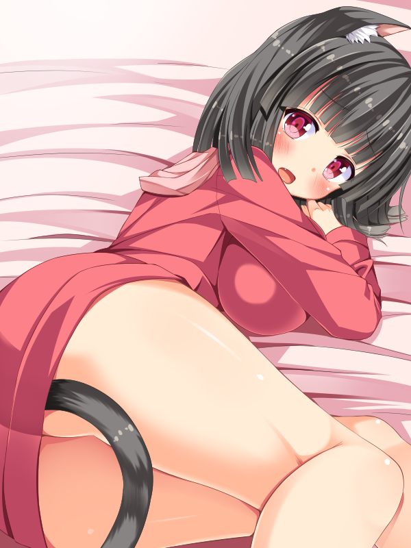 animal_ears asa_no_ha ass bare_legs black_hair blush breasts cat_ears cat_tail large_breasts lying on_side original red_eyes solo tail
