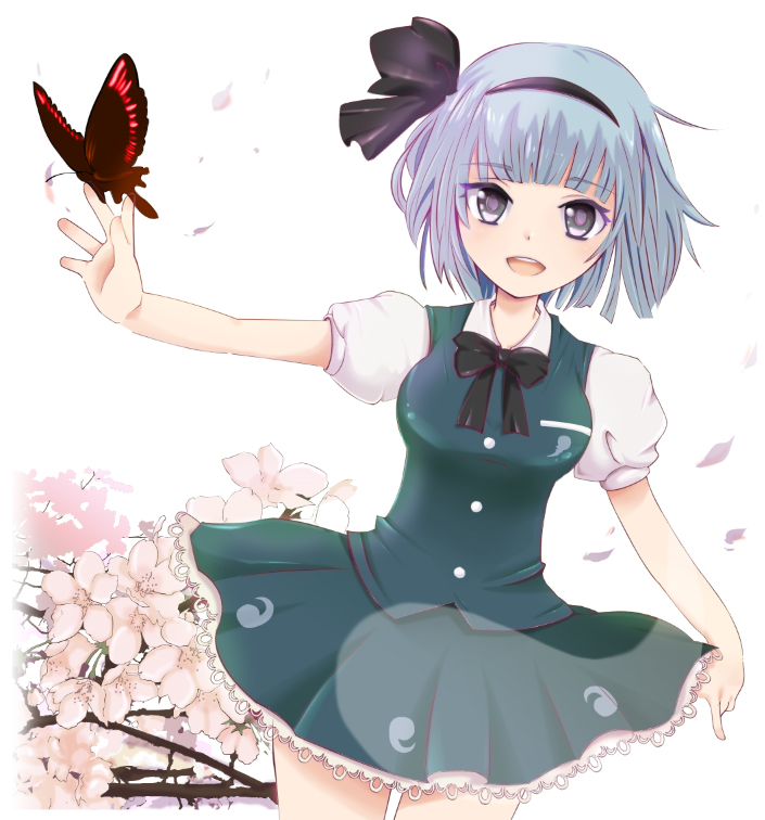 bad_id bad_pixiv_id black_hairband bow bowtie bug butterfly cherry_blossoms cowboy_shot dutch_angle frills hair_ribbon hairband insect konpaku_youmu looking_at_viewer open_mouth outstretched_arm petals puffy_sleeves ribbon saiga_yuu short_hair short_sleeves silver_eyes silver_hair skirt solo standing touhou tree vest white_background