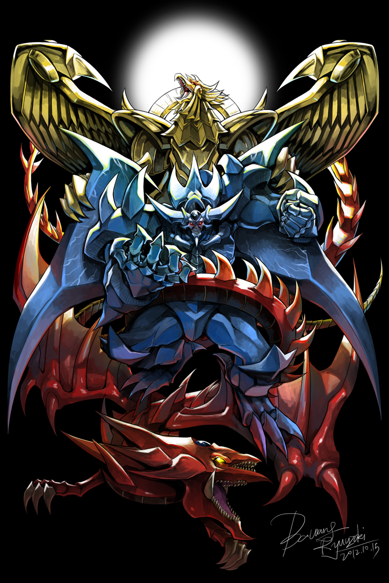 bawang-ryuuzaki blue blue_skin dragon duel_monster fangs gold monster no_humans obelisk_the_tormentor open_mouth osiris_the_sky_dragon red red_skin teeth the_winged_dragon_of_ra wings yellow_skin yuu-gi-ou yuu-gi-ou_duel_monsters