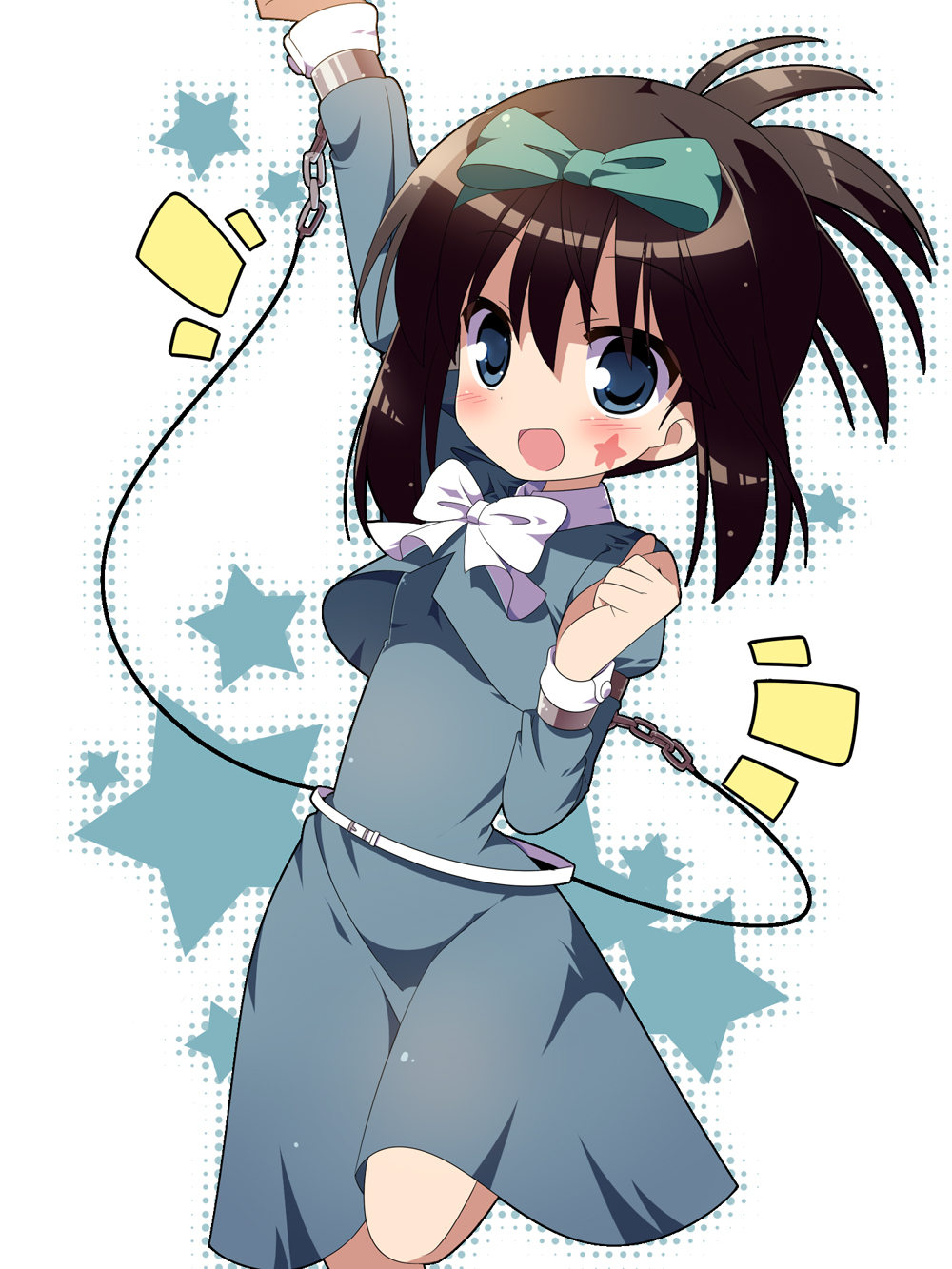 :d arm_up belt black_hair blue_eyes blush bow chain cuffs dress facial_mark hair_bow halftone highres jumping kimoko kunihiro_hajime open_mouth saki short_hair smile solo star