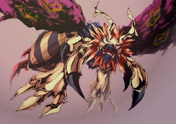 bug digimon emudoru flymon gradient gradient_background insect insect_wings mane multiple_wings no_humans open_mouth solo stinger torn_wings wings