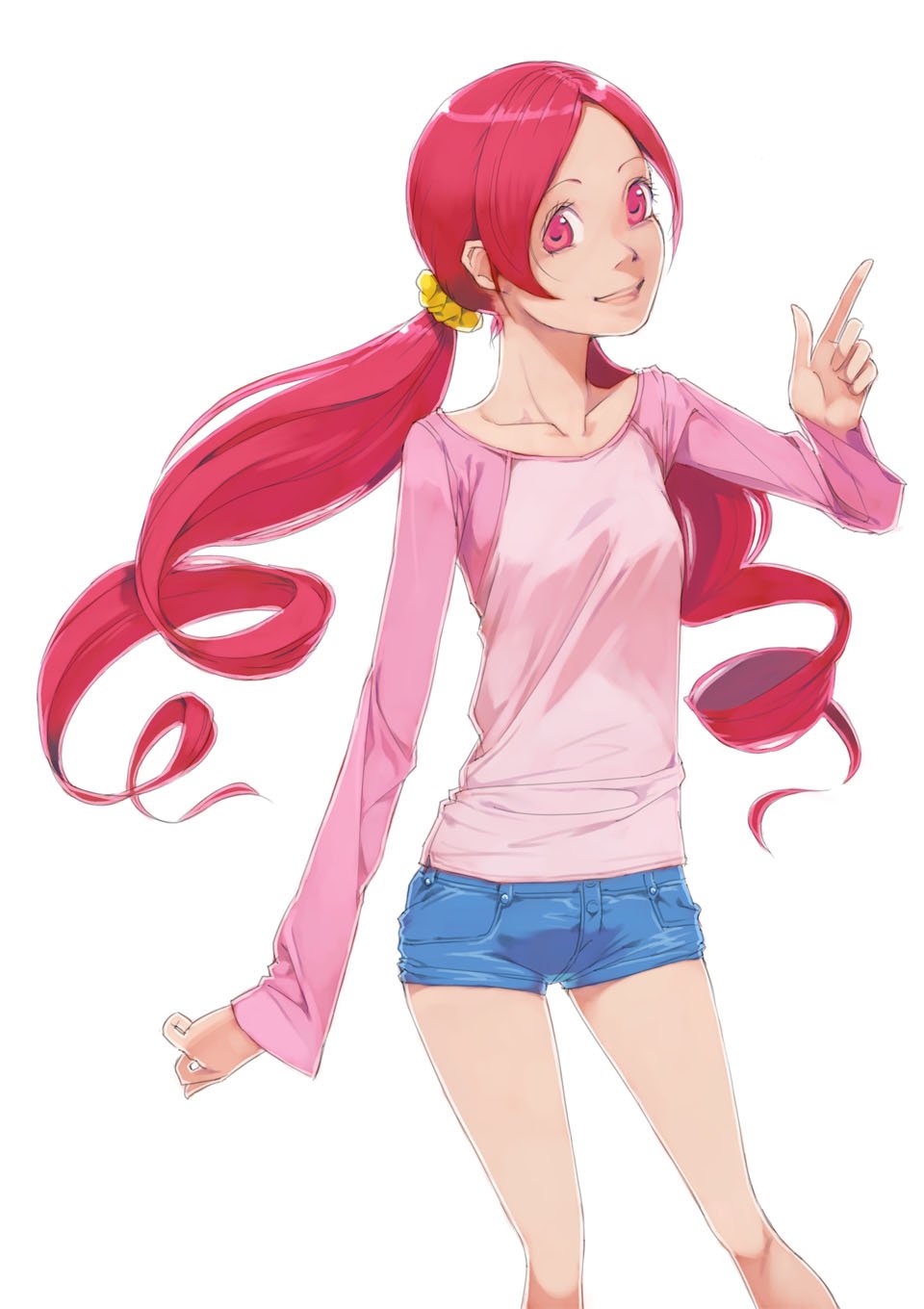 1girl :d akinbo_(hyouka_fuyou) bangs blue_shorts floating_hair hair_ornament hair_scrunchie hanasaki_tsubomi heartcatch_precure! highres index_finger_raised long_hair long_sleeves looking_at_viewer open_mouth parted_bangs pink_eyes pink_shirt precure red_hair scrunchie shiny shiny_hair shirt short_shorts shorts simple_background smile solo standing twintails very_long_hair white_background yellow_scrunchie