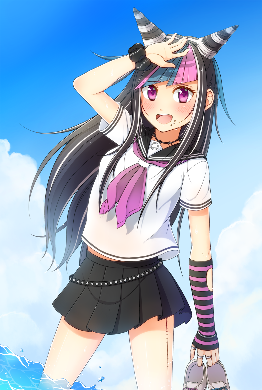 1girl :d arm_up asymmetrical_sleeves black_hair black_sailor_collar black_scrunchie black_skirt blue_sky cloud danganronpa detached_sleeves ear_piercing highlights highres holding holding_shoes long_hair looking_at_viewer miniskirt mioda_ibuki multicolored_hair neckerchief open_mouth outdoors piercing pleated_skirt purple_eyes purple_neckwear sailor_collar school_uniform scrunchie serafuku shirt shoes shoes_removed short_sleeves single_sleeve skirt sky smile solo standing striped_sleeves super_danganronpa_2 tomozu torn_clothes torn_sleeves very_long_hair wading white_shirt wrist_scrunchie