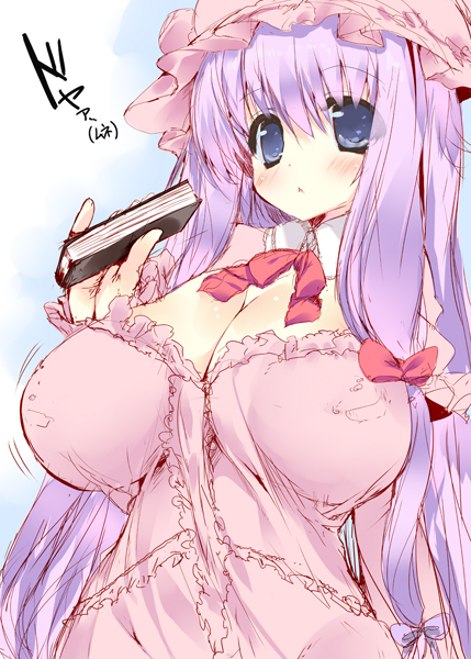 babydoll bad_id bad_pixiv_id blush book bow breasts cleavage hair_bow hat large_breasts long_hair looking_at_viewer noto_kurumi patchouli_knowledge purple_eyes purple_hair sketch solo touhou