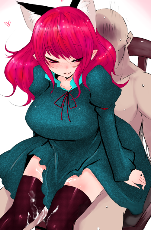 1girl alternate_hairstyle animal_ears black_legwear blush breasts cat_ears clothed_female_nude_male clothed_sex cum cum_on_body cum_on_lower_body dress extra_ears faceless faceless_male hair_down han_(jackpot) kaenbyou_rin large_breasts nude pointy_ears red_eyes red_hair thighhighs touhou tsurime
