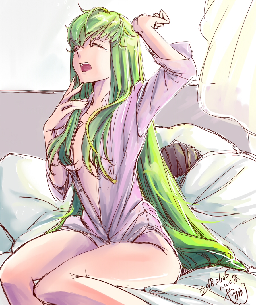 1boy 1girl 2018 arm_up bed_sheet breasts brown_hair c.c. cleavage code_geass curtains dated dress_shirt eyes_closed green_hair lelouch_lamperouge long_hair long_sleeves medium_breasts naked_shirt open_clothes open_mouth open_shirt pillow pink_shirt roman_buriki shirt signature sitting sketch stretch tears under_covers very_long_hair yawning