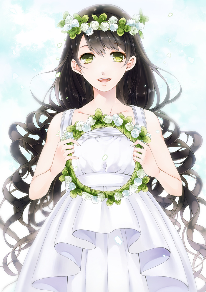black_hair clover clover_(flower) dress flower green_eyes head_wreath long_hair original smile solo tottome