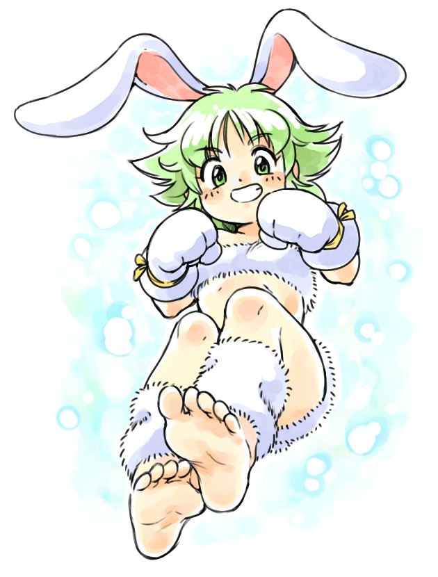 animal_ears barefoot beltbra bunny_ears clenched_hands copyright_request dot_nose eyebrows_visible_through_hair fake_animal_ears feet full_body gloves green_eyes green_hair grin light_blush looking_at_viewer oyatsu_(mk2) short_hair smile soles solo thighs toes