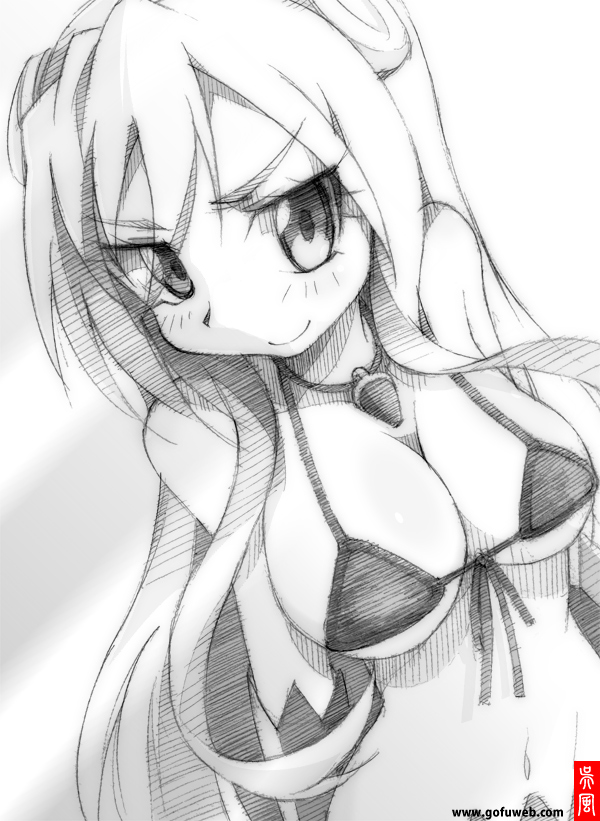bare_shoulders bikini_top breasts cleavage dutch_angle front-tie_top fuji-san gofu greyscale jewelry large_breasts long_hair monochrome namiuchigiwa_no_muromi-san naughty_face navel necklace smile solo spot_color traditional_media watermark web_address