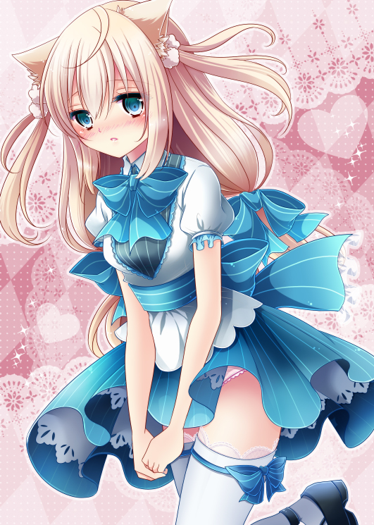 aki_(chromaticclip) animal_ears bangs black_footwear blonde_hair blue_eyes blush bow cat_ears dress dress_lift dutch_angle frills hair_between_eyes heart lace lace_background leg_lift long_hair looking_at_viewer low-tied_long_hair mary_janes original panties parted_lips pink_background pink_panties puffy_sleeves ribbon shoes short_sleeves solo standing thigh_ribbon thighhighs two_side_up underwear v_arms white_legwear wind wind_lift
