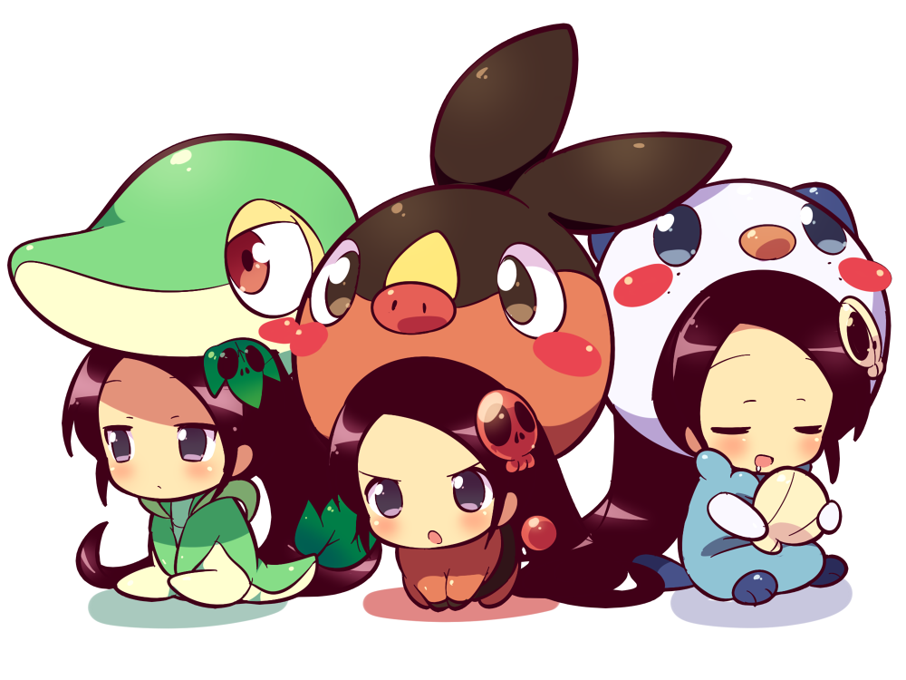 :o all_fours animal_costume black_hair chibi closed_eyes cosplay drooling elysia_de_lute_ima gen_5_pokemon hair_ornament kami_nomi_zo_shiru_sekai kimoko leaf_hair_ornament long_hair multiple_girls multiple_persona open_mouth oshawott oshawott_(cosplay) pokemon pokemon_(game) pokemon_bw ponytail purple_eyes seashell shell simple_background sitting skull_hair_ornament sleeping snivy snivy_(cosplay) tepig tepig_(cosplay) v-shaped_eyebrows v_arms very_long_hair white_background