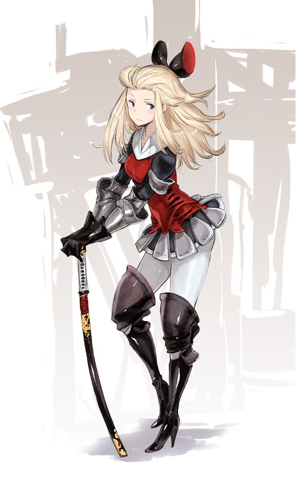 armor armored_dress blonde_hair blue_eyes blush boots bow bravely_default:_flying_fairy bravely_default_(series) edea_lee gauntlets gloves hair_bow hair_ribbon high_heels katana leaning_forward long_hair looking_at_viewer pantyhose ribbon saitou_masatsugu shoes skirt solo sword thigh_boots thighhighs weapon white_legwear