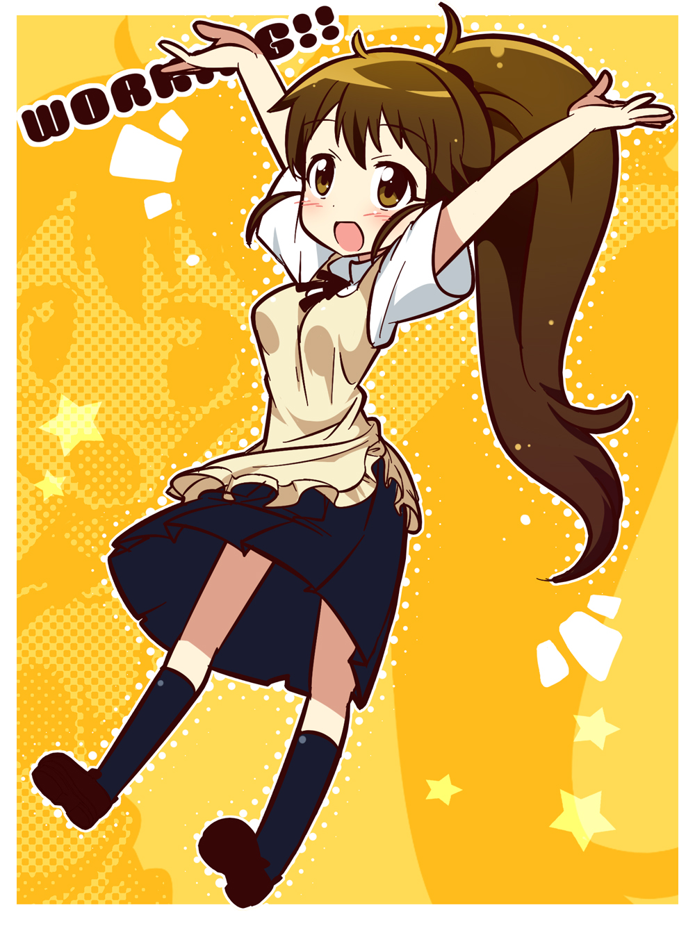 :d \o/ apron arms_up blush brown_eyes brown_hair copyright_name highres kimoko long_hair open_mouth outstretched_arms ponytail smile solo star taneshima_popura waitress working!! zoom_layer