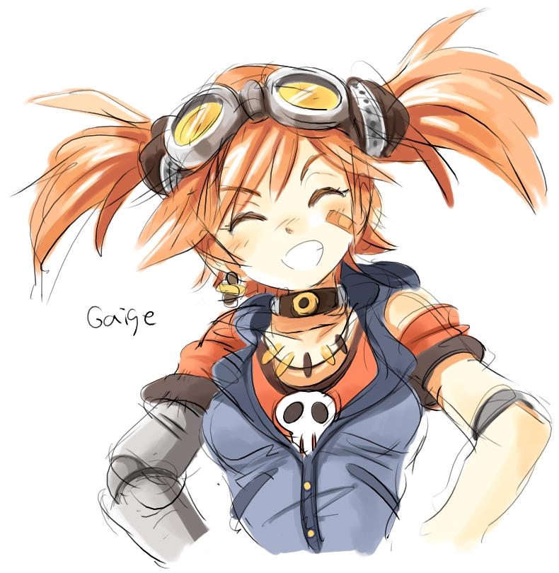 ^_^ bandaid bandaid_on_face bangs blush borderlands borderlands_2 breasts choker closed_eyes detached_sleeves error eyebrows_visible_through_hair facing_viewer gaige goggles goggles_on_head grin jewelry mechanical_arm medium_breasts necklace orange_hair orange_shirt oyatsu_(mk2) prosthesis shirt simple_background single_earring skull smile solo upper_body white_background