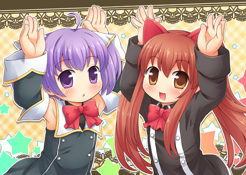 :d :o ahoge aloe_(quiz_magic_academy) animal_ears armpits bad_id bad_pixiv_id blush bow bowtie brown_eyes brown_hair cat_ears detached_sleeves hands_up long_hair looking_at_viewer mizuno_mumomo multiple_girls myu_(quiz_magic_academy) open_mouth purple_eyes purple_hair quiz_magic_academy red_neckwear short_hair smile star twintails two_side_up