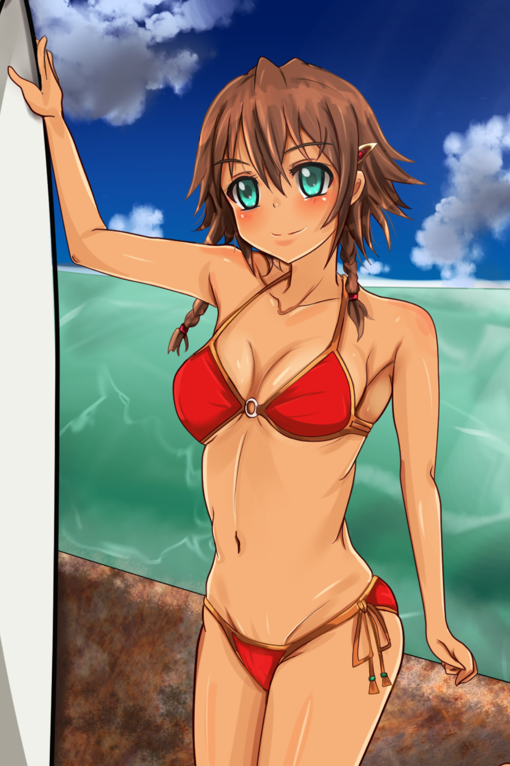 amy_(suisei_no_gargantia) bikini blush braid breasts brown_hair cleavage cloud day front-tie_top green_eyes highres medium_breasts navel o-ring o-ring_top shiny shiny_skin short_hair side-tie_bikini sky smile solo suisei_no_gargantia surfboard swimsuit tranquilizer_(bestcenter)