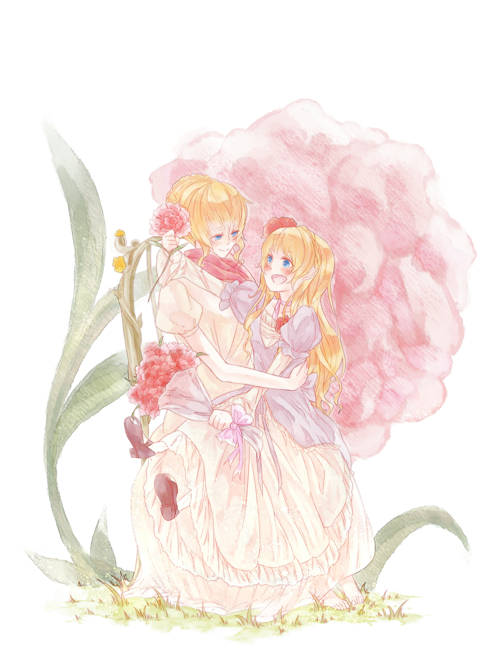 beatrice_castiglioni blonde_hair blue_eyes bouquet chair dress flower hair_bun hair_flower hair_ornament highres long_hair mary_janes mother_and_daughter multiple_girls no_shoes open_mouth puffy_sleeves shoes sitting sitting_on_lap sitting_on_person smile starhoshi umineko_no_naku_koro_ni ushiromiya_beatrice