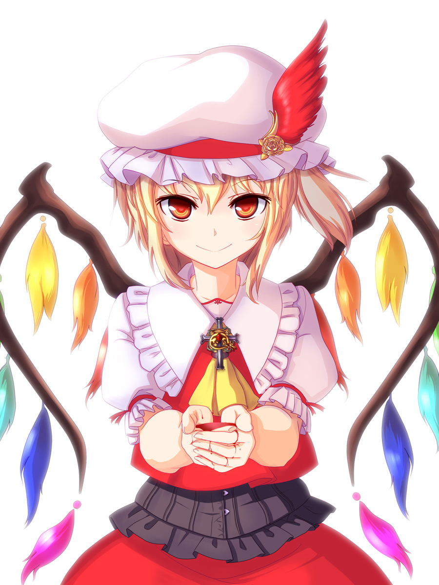 ascot blonde_hair blood bodice brooch cross cup flandre_scarlet hands_together hat hat_feather hat_ribbon highres jewelry looking_at_viewer mob_cap opilio puffy_short_sleeves puffy_sleeves red_eyes ribbon sakazuki short_hair short_sleeves side_ponytail simple_background skirt skirt_set smile solo tassel touhou white_background wings