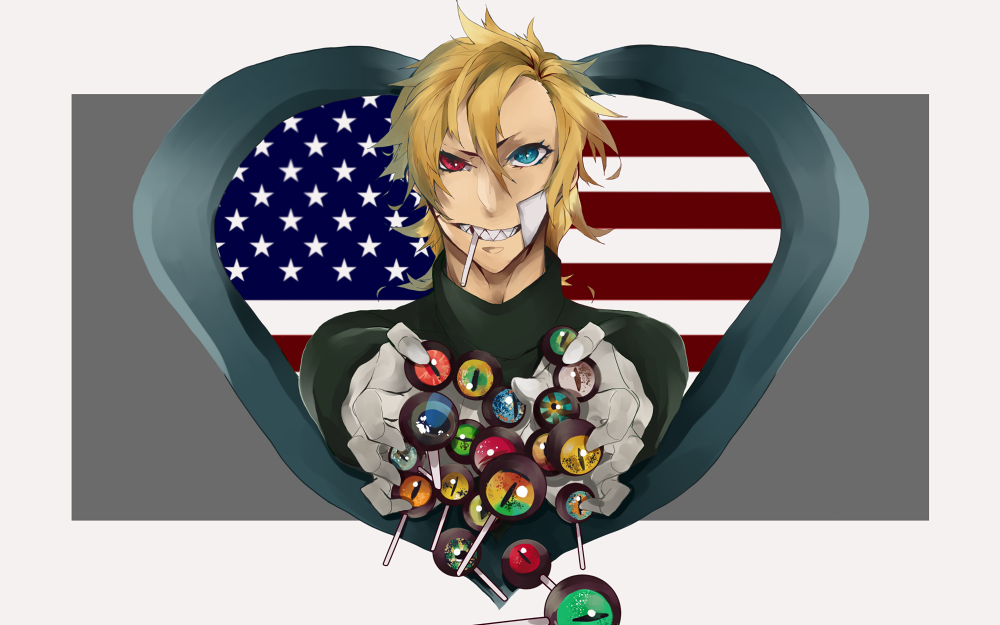 american_flag bad_id bad_pixiv_id blonde_hair blue_eyes candy diego_brando eyeball fangs food gloves heterochromia jojo_no_kimyou_na_bouken lollipop male_focus red_eyes slit_pupils solo steel_ball_run yashoku_(vodka)