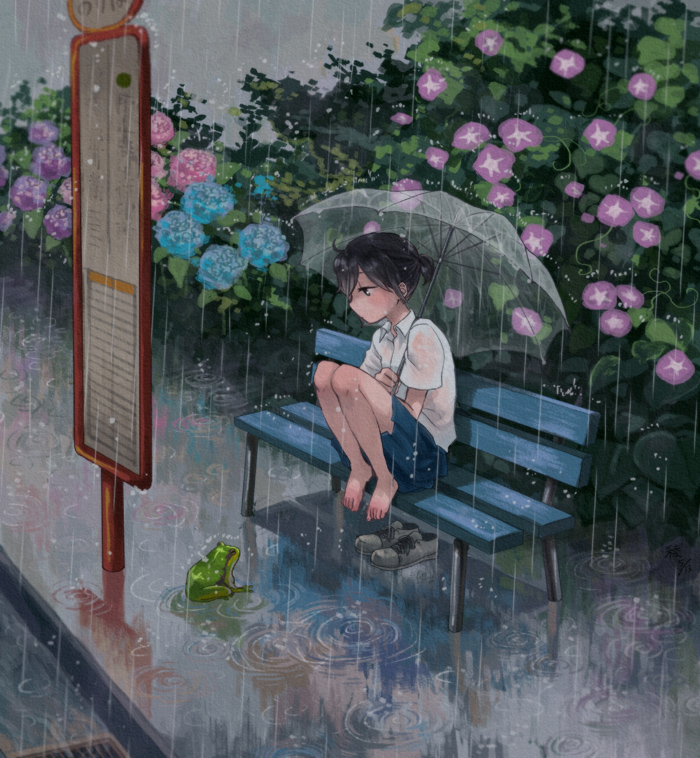 barefoot bench black_eyes black_hair bus_stop feet_on_chair flower frog hydrangea morning_glory original rain reflection ryouga_(fm59) shoes_removed short_hair sitting skirt solo transparent transparent_umbrella umbrella water wet wet_clothes