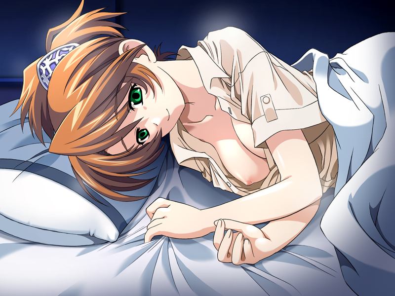 1girl 4:3 bed bed_sheet breasts edelweiss game_cg kamoike_ran katakura_shinji no_bra pillow sheet_grab short_hair smile