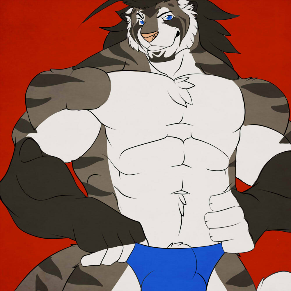 biceps blue_eyes bulge dazen_(character) dazen_cobalt feline male mammal pink_nose solo tiger topless