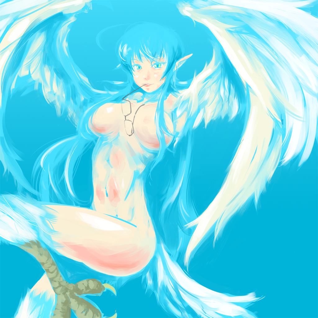 blue breasts censored convenient_censoring feathered_wings feathers glasses hair_censor harpy large_breasts long_hair monster_girl mouth_hold navel nude original pointy_ears solo wings wistar!a