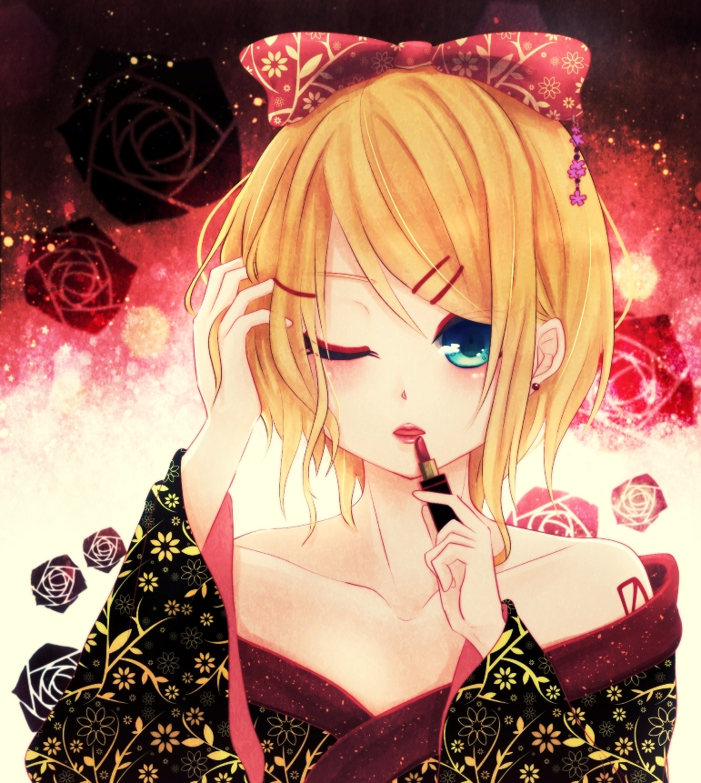 blonde_hair blue_eyes earrings hair_ornament hair_ribbon hairclip jewelry kagamine_rin lips lipstick makeup one_eye_closed ribbon short_hair solo vocaloid