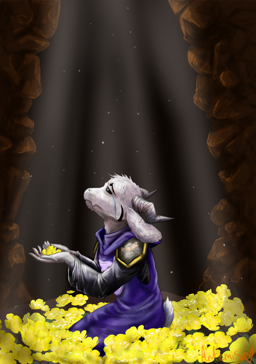 2018 anthro asriel_dreemurr asriel_dreemurr_(god_form) babypizzawonderland biped black_sclera boss_monster caprine clothed clothing crying digital_media_(artwork) flower fully_clothed fur goat grey_horn hi_res horn kneeling looking_up male mammal plant sad short_tail side_view signature small_tail solo tears undertale video_games white_eyes white_fur white_tail