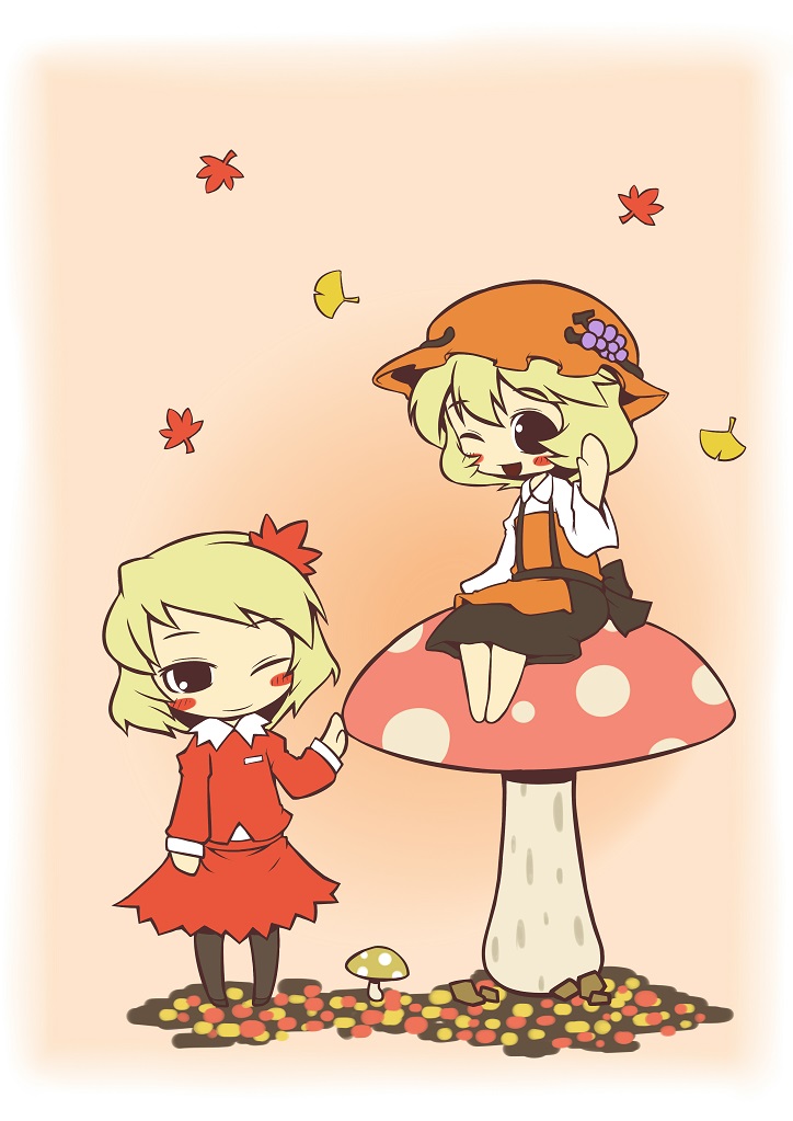 aki_minoriko aki_shizuha apron black_eyes blonde_hair blush_stickers brown_eyes chibi dress food fruit grapes hair_ornament hat leaf maple_leaf multiple_girls mushroom one_eye_closed short_hair siblings sisters sitting smile touhou waving zannen_na_hito