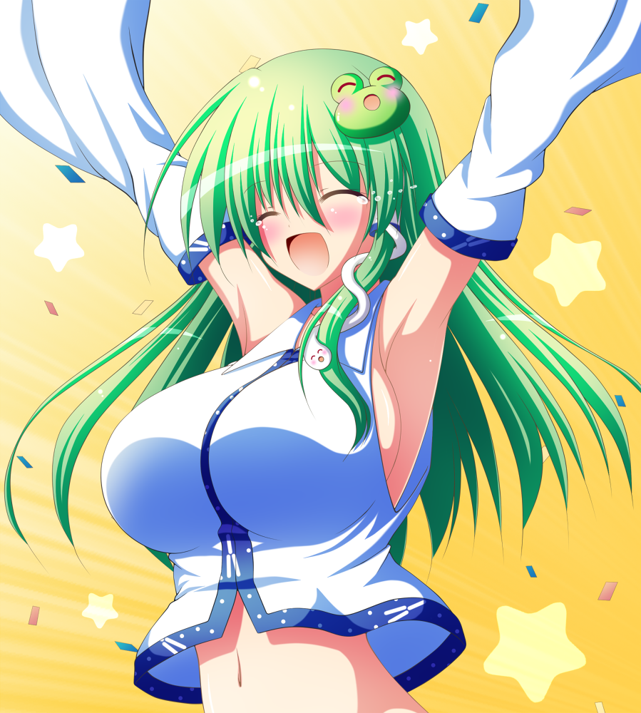 ^_^ announcement_celebration armpits arms_up breasts closed_eyes commentary_request detached_sleeves expressive_clothes frog_hair_ornament green_hair hair_ornament hair_tubes huge_breasts kochiya_sanae long_hair navel open_mouth osashin_(osada) smile snake_hair_ornament solo star tears touhou upper_body