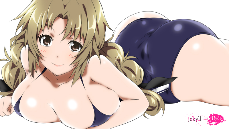 breasts huge_breasts looking_at_viewer lying mizuki_makoto on_stomach one-piece_swimsuit ootani_momoko photokano school_swimsuit simple_background solo swimsuit white_background