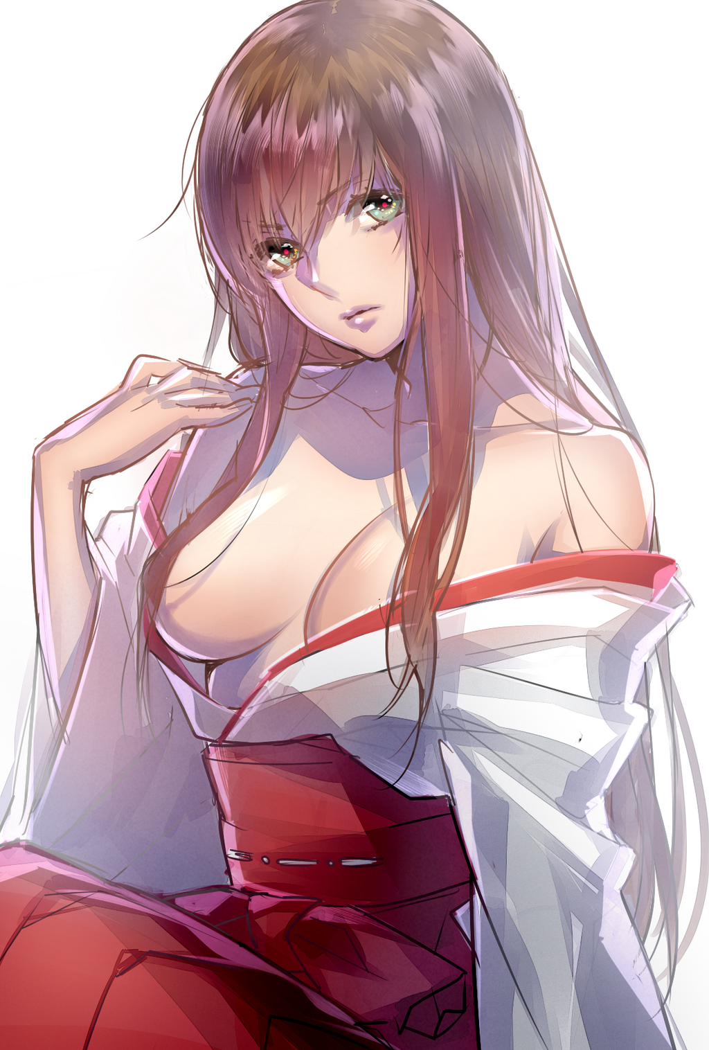 bad_id bad_twitter_id bare_shoulders breasts brown_hair cleavage green_eyes hakama highres japanese_clothes kazari_tayu kimono large_breasts long_hair looking_at_viewer miko obi off_shoulder original red_hakama sash simple_background sitting solo white_background