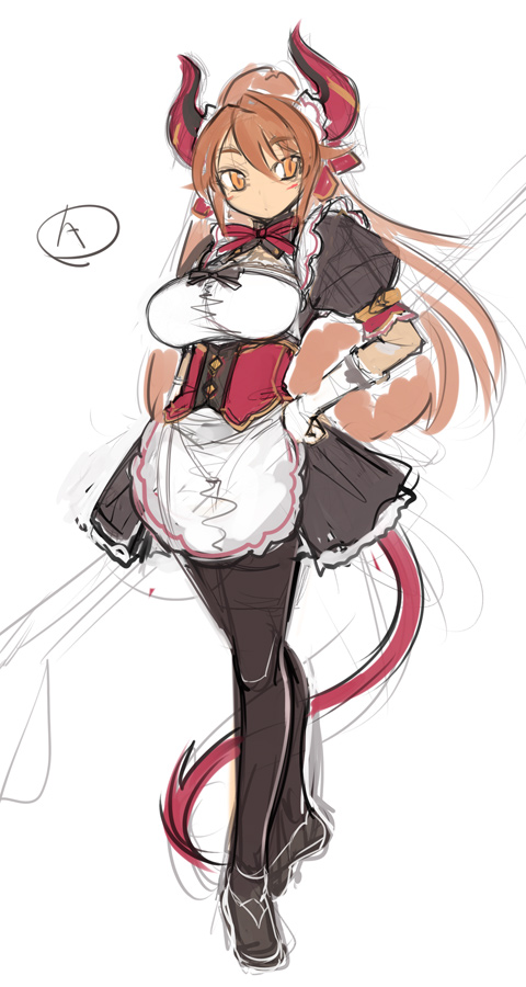 alternate_costume anneroze_siryou apron black_legwear blush_stickers breasts corset demon_girl demon_tail enmaided gloves hand_on_hip horns huge_breasts long_hair maid mel/a pantyhose pointy_ears ponytail red_hair shingeki_no_bahamut sketch slit_pupils solo tail waist_apron white_gloves yellow_eyes