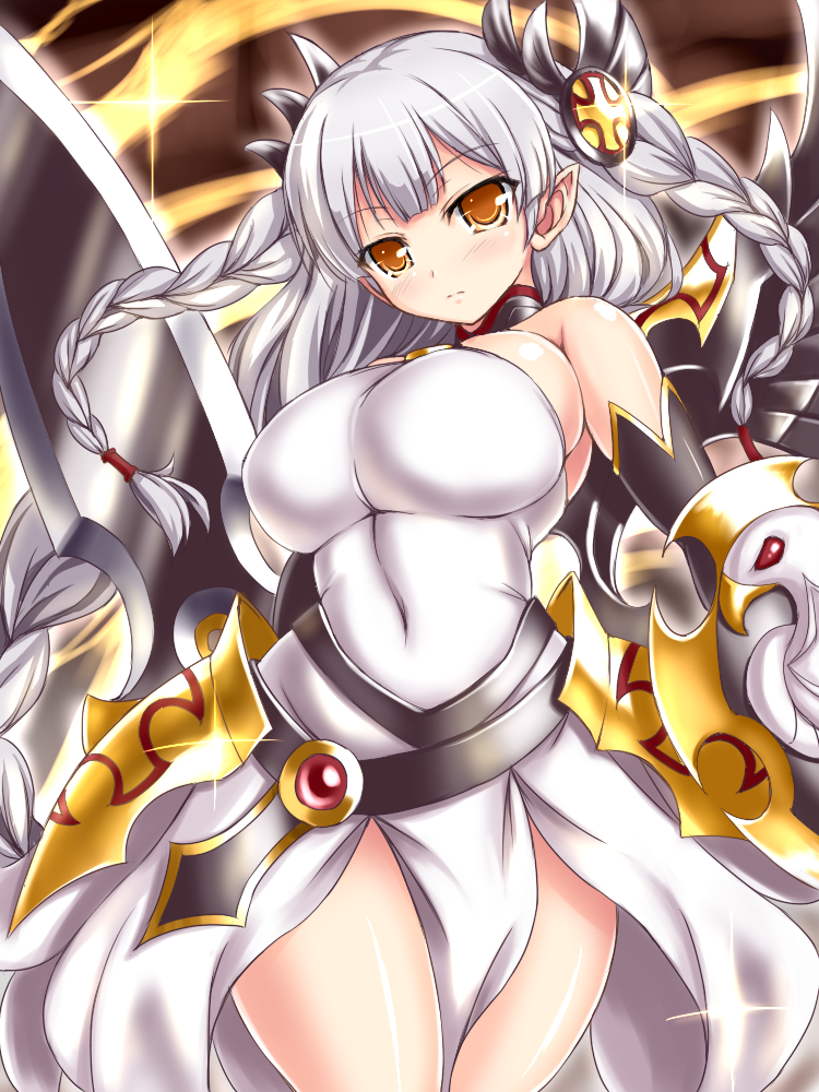 bare_shoulders braid breasts brown_eyes covered_navel elf large_breasts light_valkyrie_(p&amp;d) long_hair pointy_ears puzzle_&amp;_dragons shield silver_hair sword thighs tri_braids tsukioka_kirio valkyrie_(p&amp;d) very_long_hair weapon wide_hips