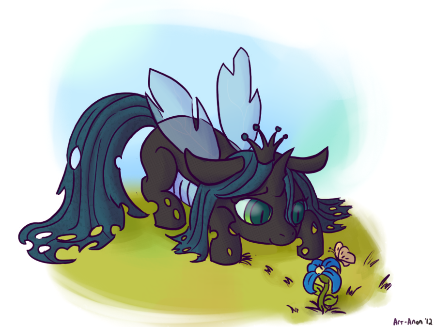 changeling cub cute equine female feral friendship_is_magic green_eyes green_hair hair horn mammal my_little_pony plain_background queen_chrysalis_(mlp) royalty rustydooks signature solo text white_background winged_unicorn wings young
