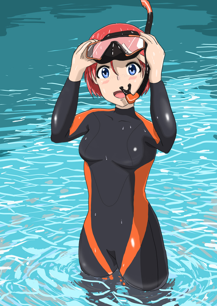 1girl blue_eyes character_request female looking_at_viewer mask montekunisuto_(taihou) original red_hair smile snorkel solo wetsuit